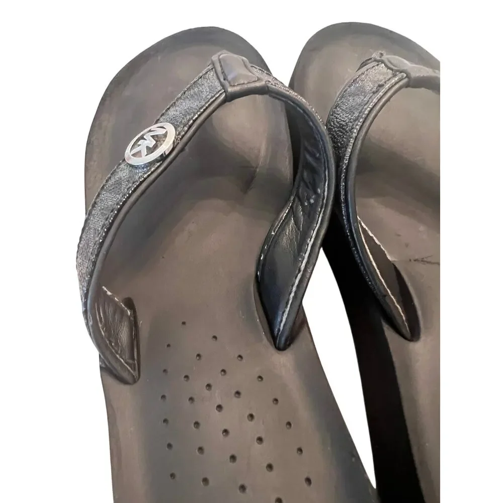 Michael Kors Woman's 8 Monogram Black Wedge Flip Flop Comfort Sandals